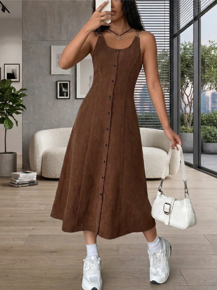 Brown Button Down Sleeveless Midi Dress