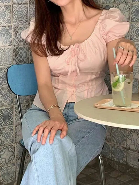 Form-Fitting Belted Puff Sleeve Placket Blouse