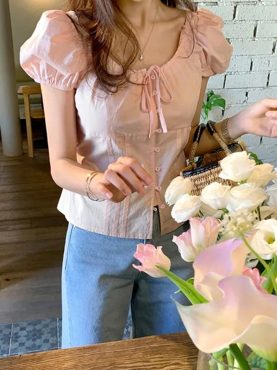 Form-Fitting Belted Puff Sleeve Placket Blouse