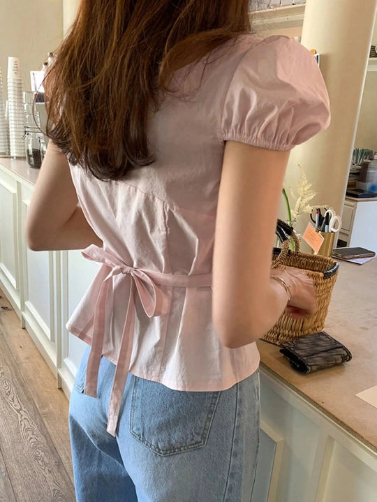 Form-Fitting Belted Puff Sleeve Placket Blouse
