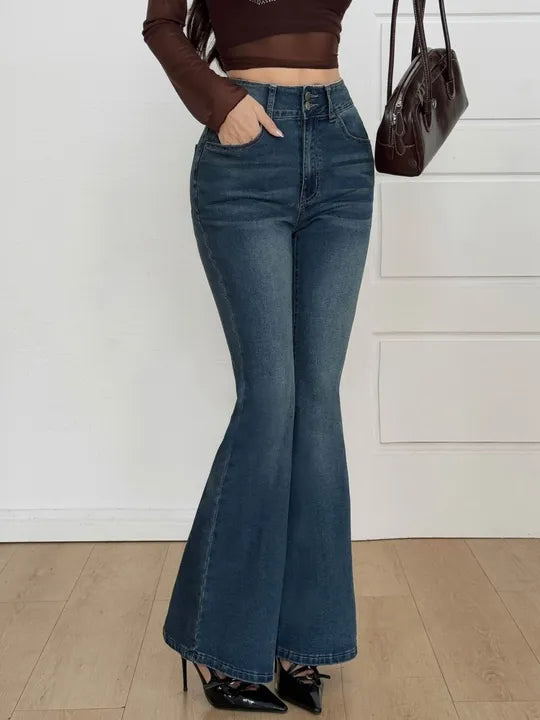 [ High Stretch ] High Waist Vintage Dark Wash Button Flare Leg Jeans