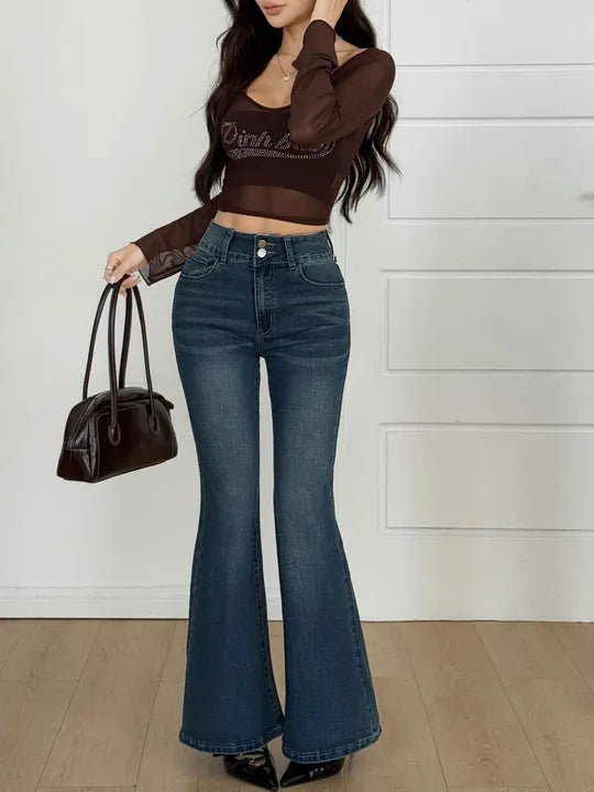 [ High Stretch ] High Waist Vintage Dark Wash Button Flare Leg Jeans