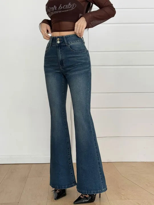 [ High Stretch ] High Waist Vintage Dark Wash Button Flare Leg Jeans