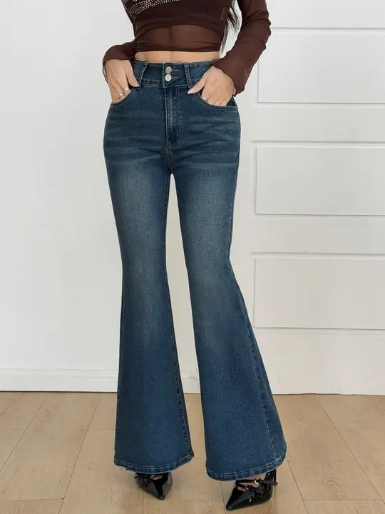 [ High Stretch ] High Waist Vintage Dark Wash Button Flare Leg Jeans