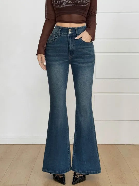 [ High Stretch ] High Waist Vintage Dark Wash Button Flare Leg Jeans