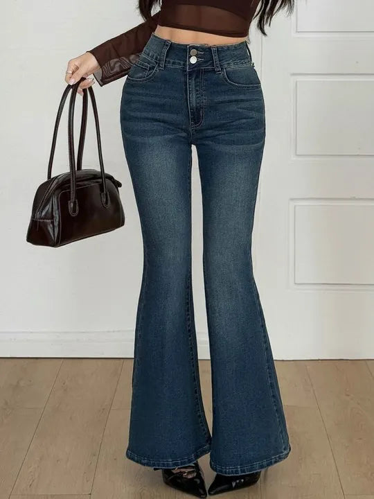 [ High Stretch ] High Waist Vintage Dark Wash Button Flare Leg Jeans