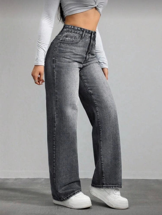 Grey Washed High Waist Wide Leg Jeans
