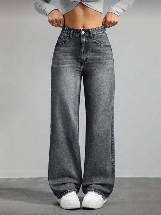 High Waist Bleach Wash Straight Leg Grey Jeans