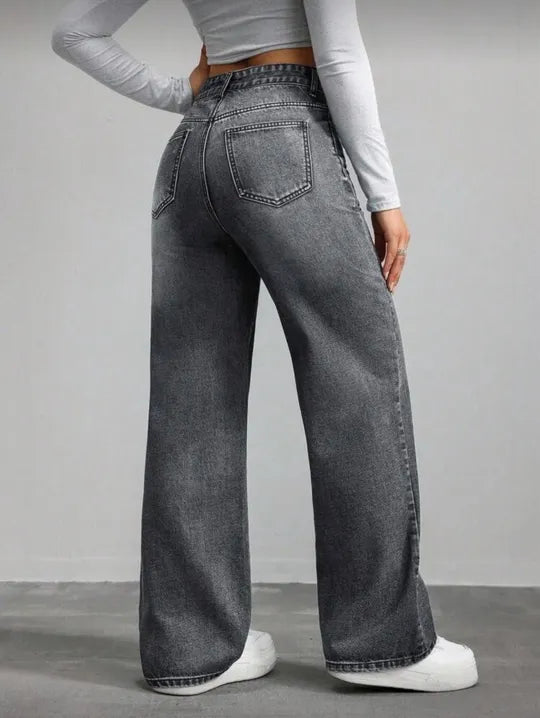 High Waist Bleach Wash Straight Leg Grey Jeans