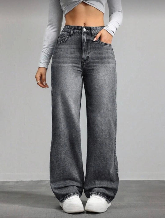 Grey Washed High Waist Wide Leg Jeans