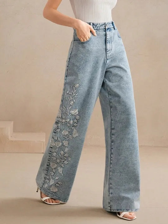 High Waist Light Wash Flower Embroidered Straight Leg Jeans