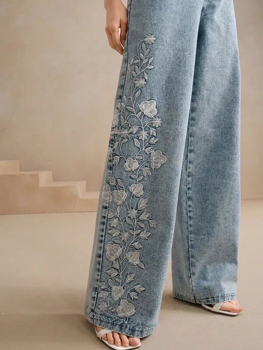 High Waist Light Wash Flower Embroidered Straight Leg Jeans