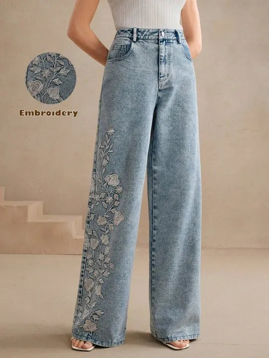 High Waist Light Wash Flower Embroidered Straight Leg Jeans
