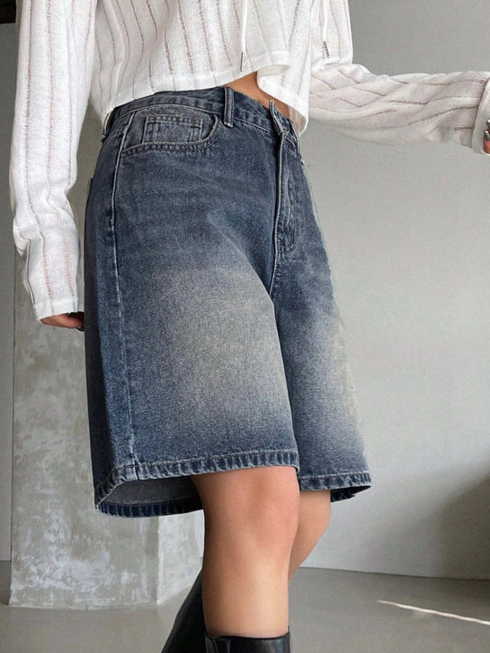 High Waist Vintage Dark Wash Denim Wide leg Shorts