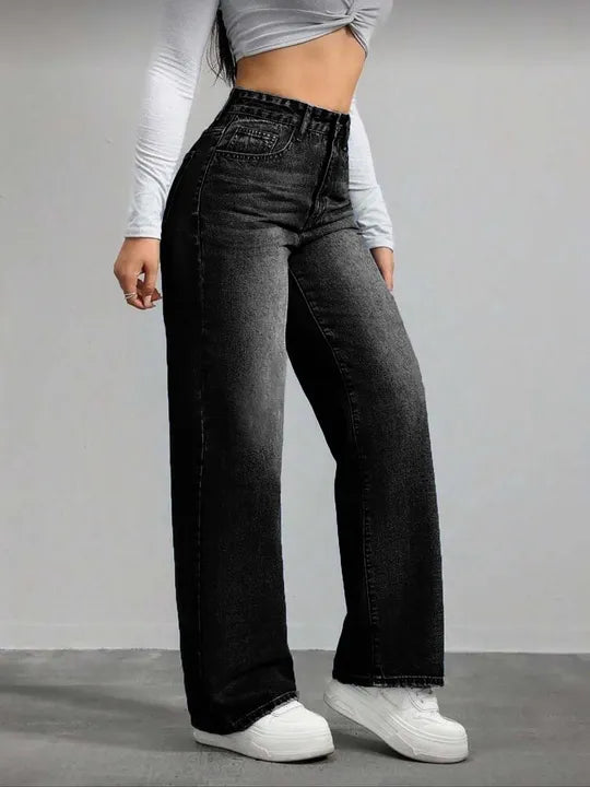 High Waist Washed Black Straight Leg Jeans