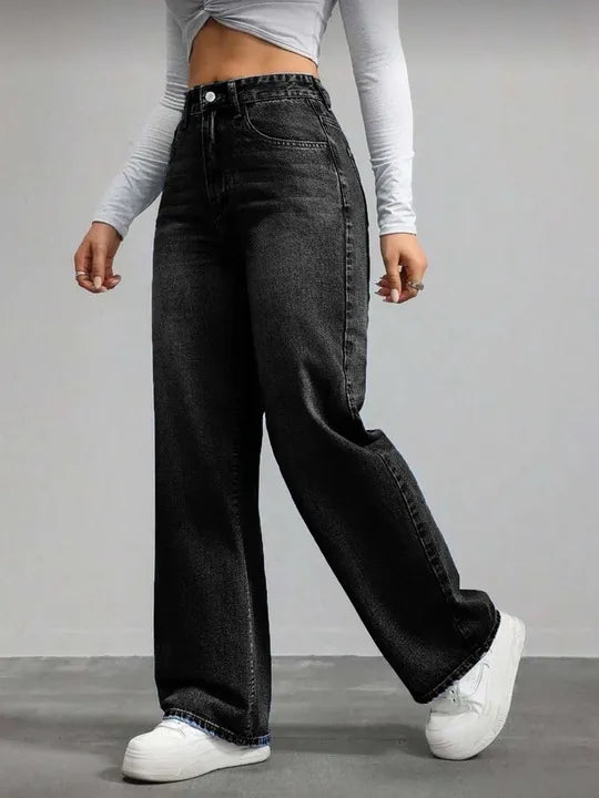 High Waist Washed Black Straight Leg Jeans