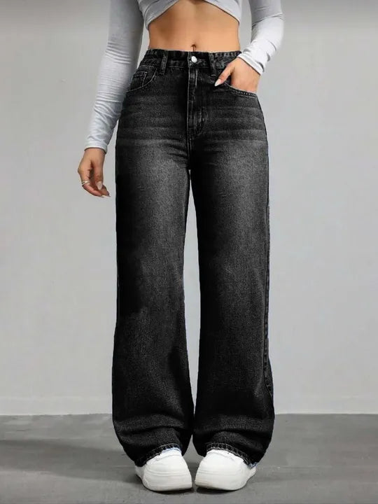 High Waist Washed Black Straight Leg Jeans