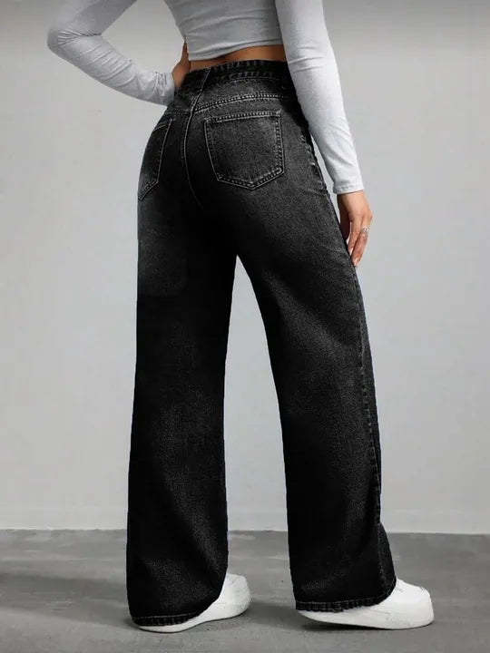 High Waist Washed Black Straight Leg Jeans