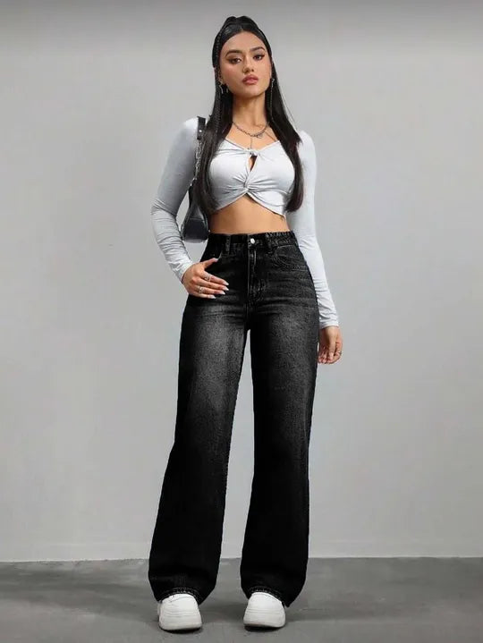 High Waist Washed Black Straight Leg Jeans