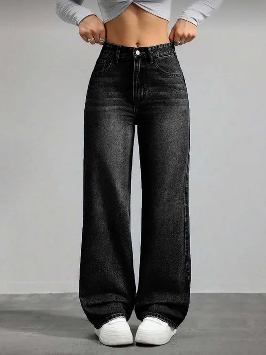 High Waist Washed Black Straight Leg Jeans
