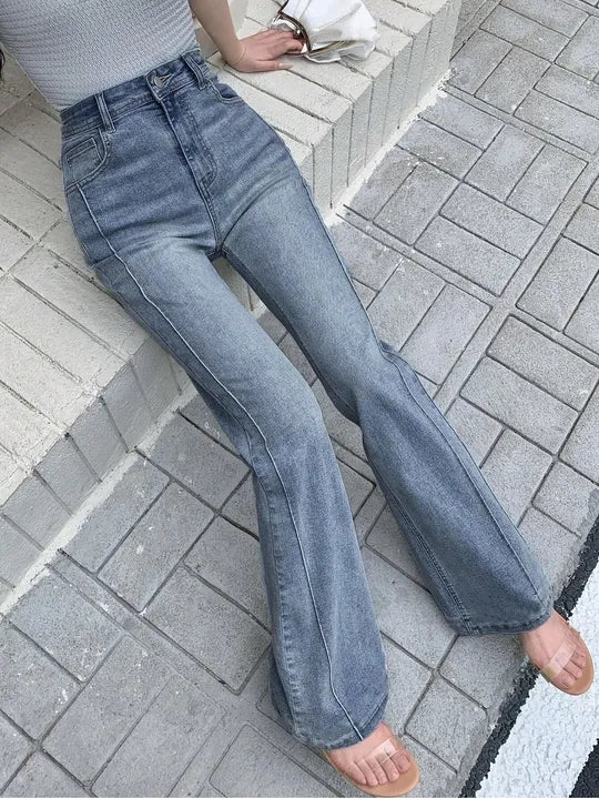 [ Medium Stretch ] High Waist Pintuck Seam Flare Leg Jeans