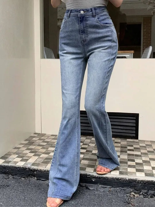 [ Medium Stretch ] High Waist Pintuck Seam Flare Leg Jeans