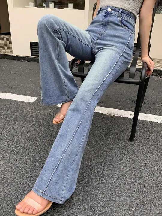 [ Medium Stretch ] High Waist Pintuck Seam Flare Leg Jeans