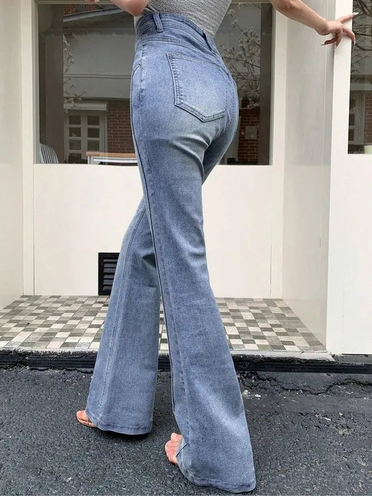 [ Medium Stretch ] High Waist Pintuck Seam Flare Leg Jeans