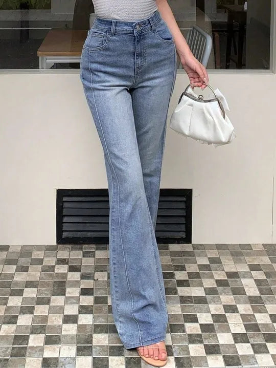 [ Medium Stretch ] High Waist Pintuck Seam Flare Leg Jeans