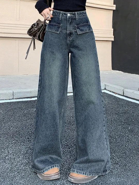 Dark Grey High Waist Patch Pocket Wide Leg Jeans