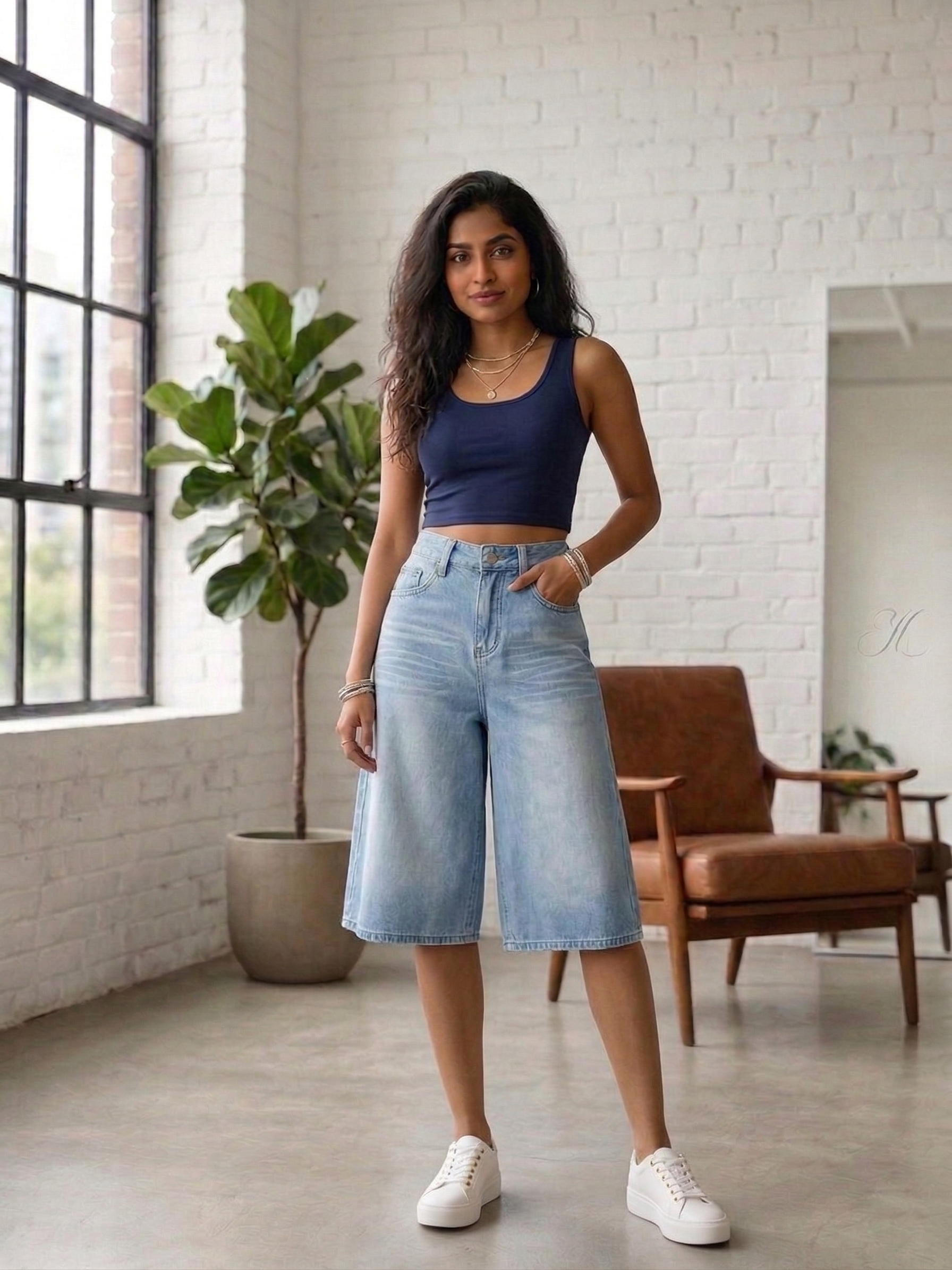 Light Wash Wide Leg Denim Shorts