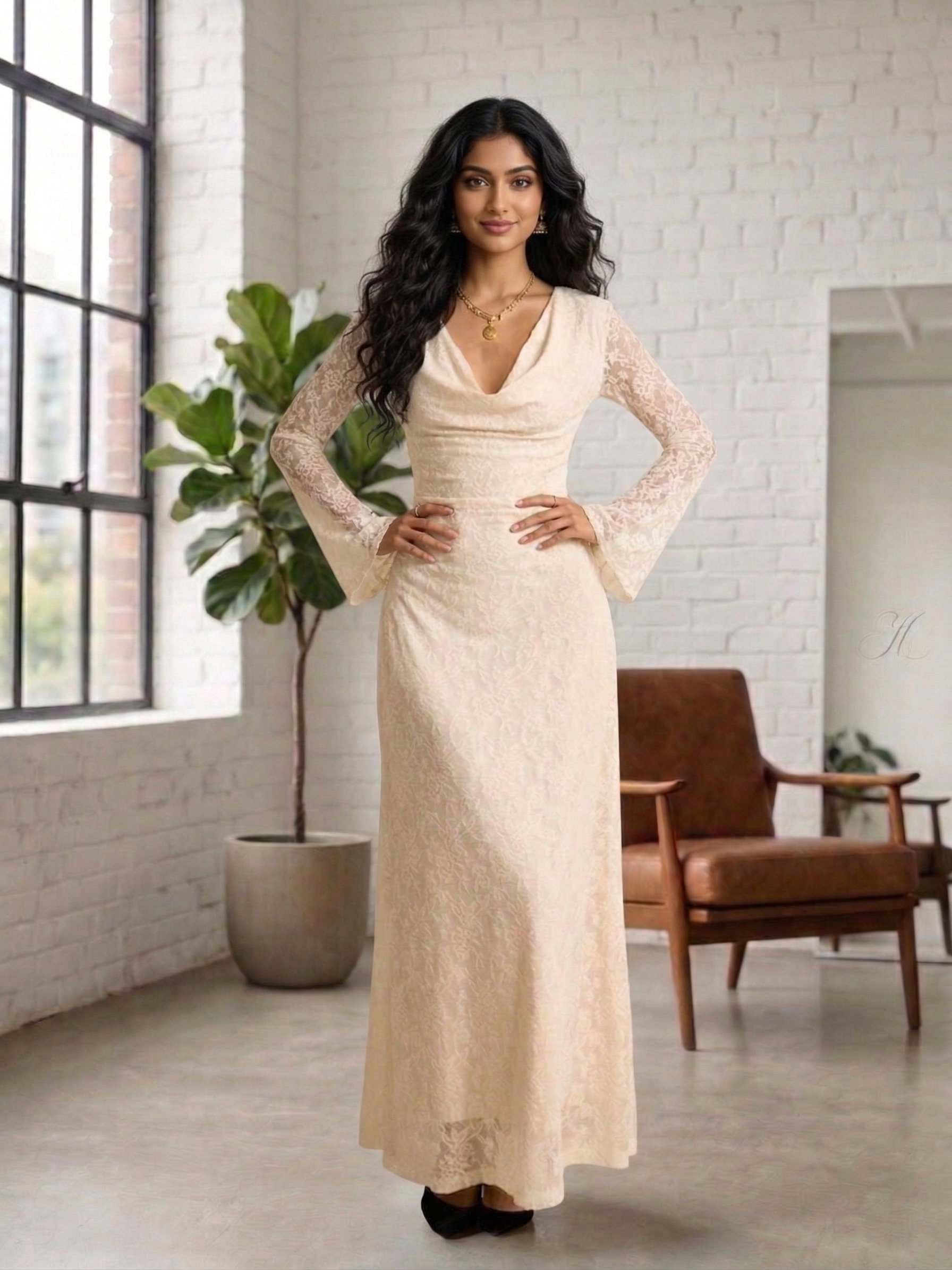 Cream Lace V Neck Long Sleeve Maxi Dress