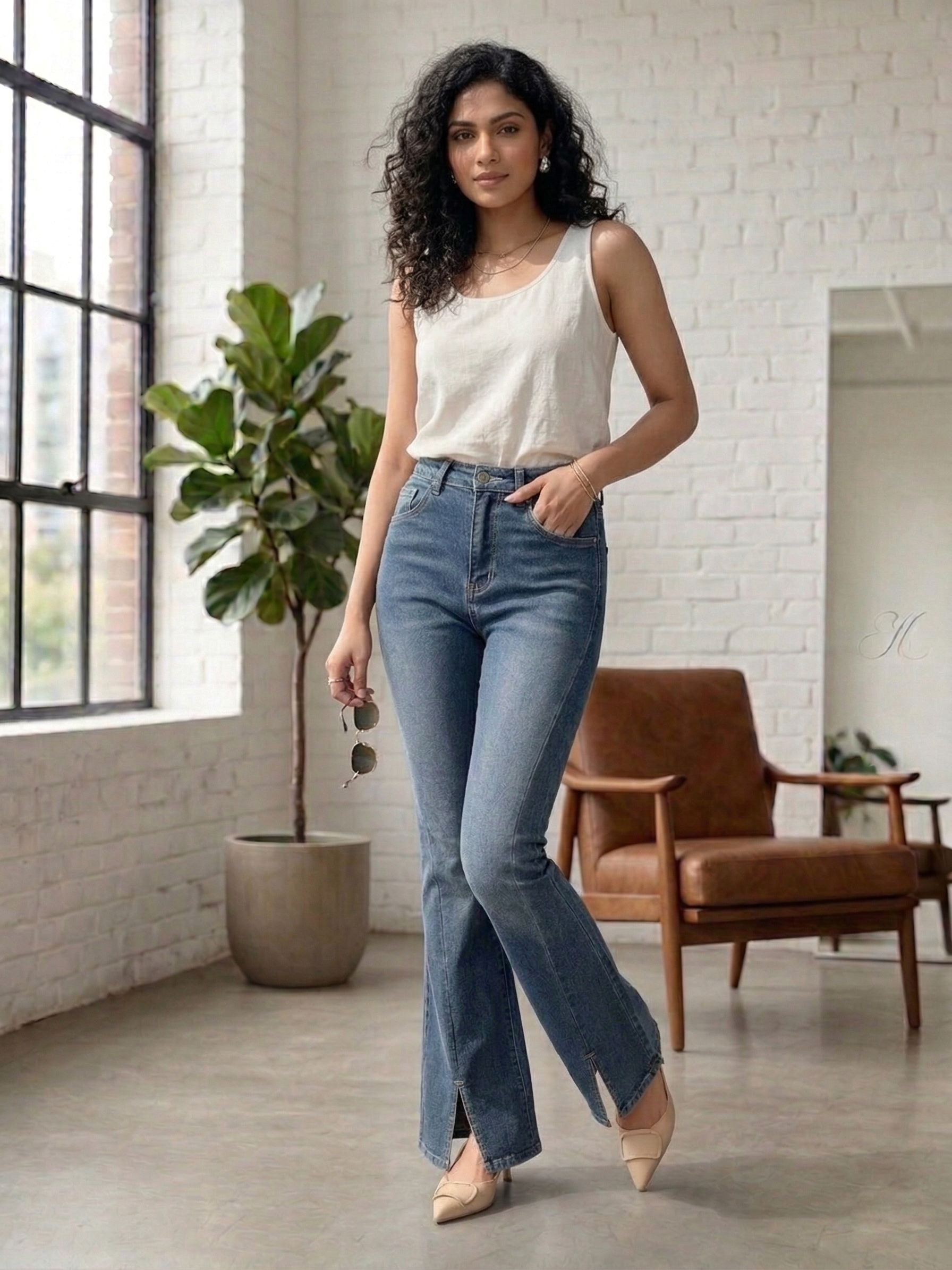 Dark Wash High Waist Front Slit Flare Leg Jeans