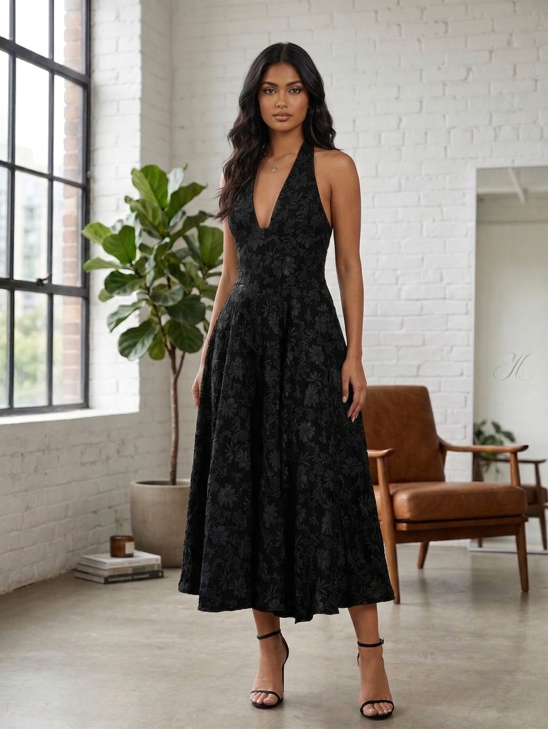 Black Floral Print Backless Halter Neck Midi Dress