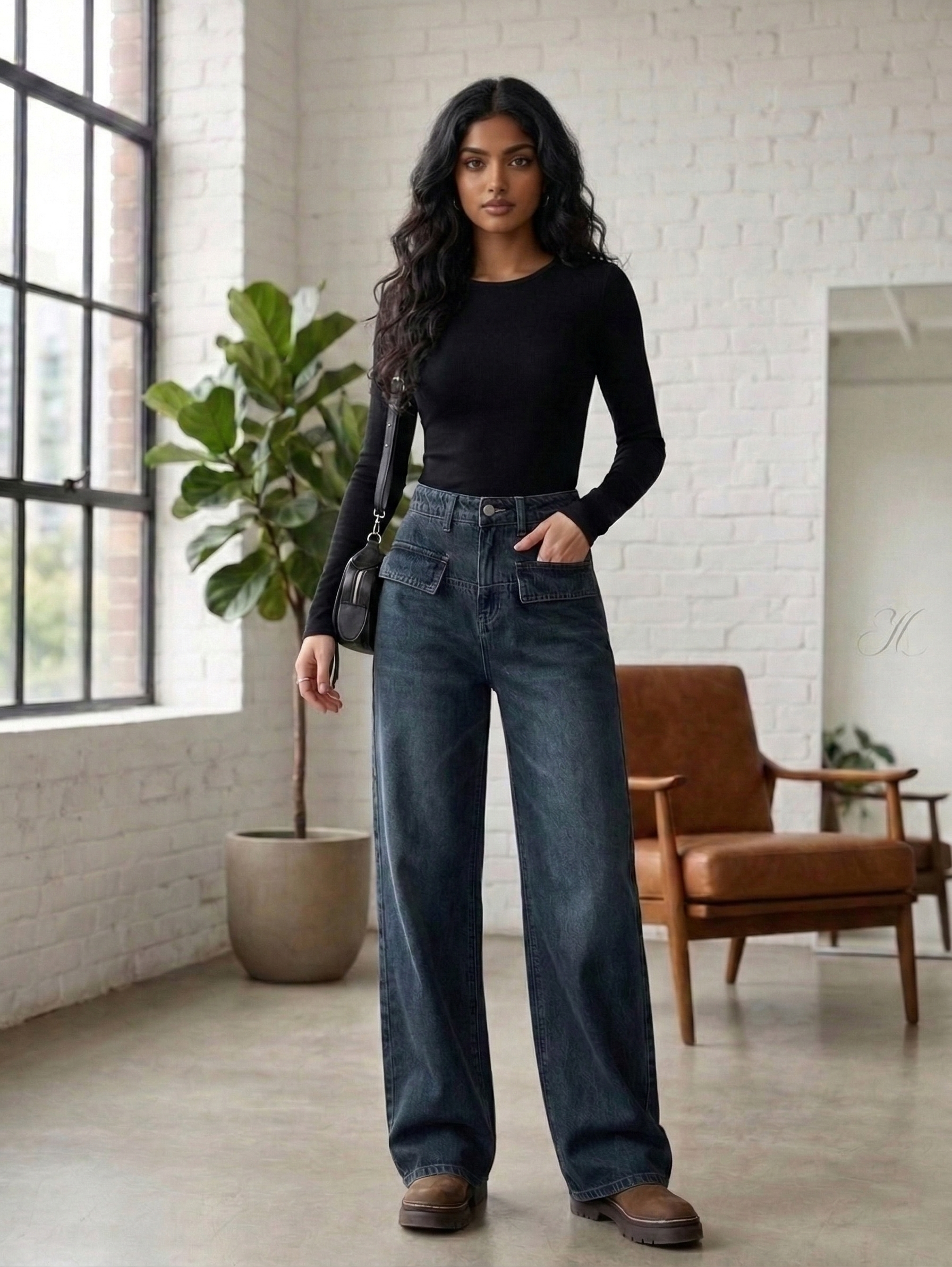 Dark Grey High Waist Patch Pocket Wide Leg Jeans