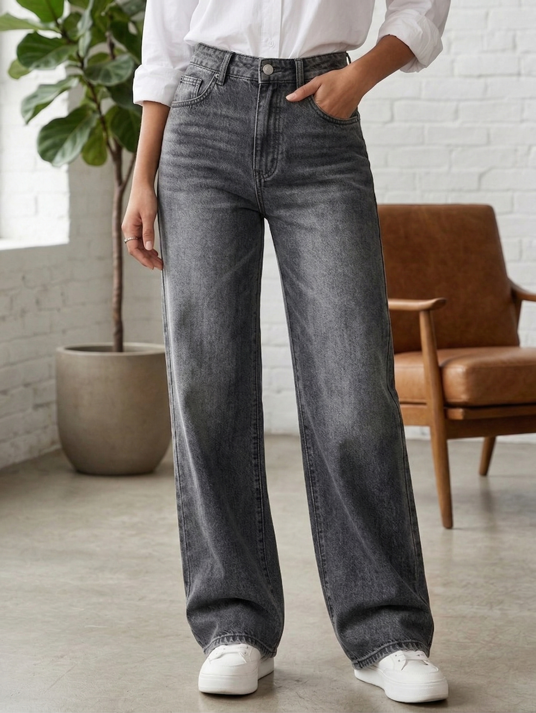Grey Washed High Waist Wide Leg Jeans