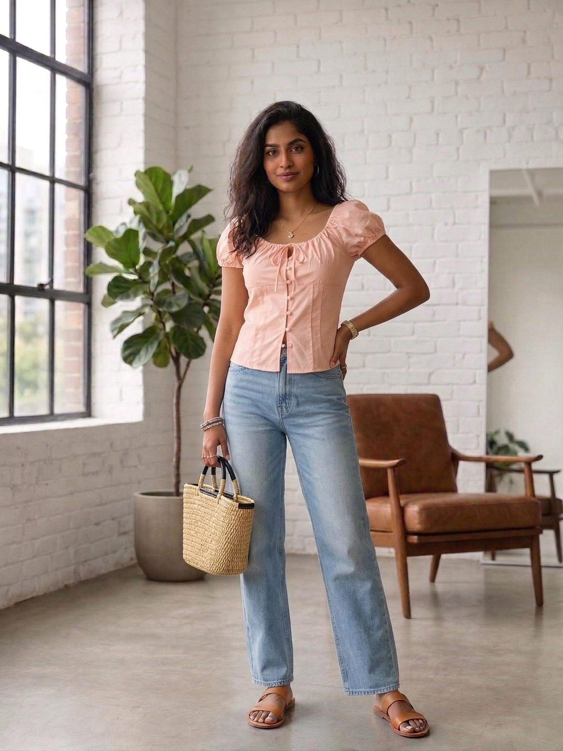 Pink Puff Sleeve Tie Front Blouse