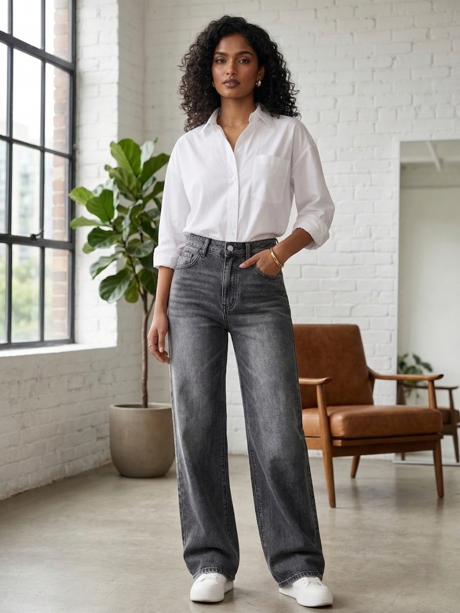 Grey Washed High Waist Wide Leg Jeans