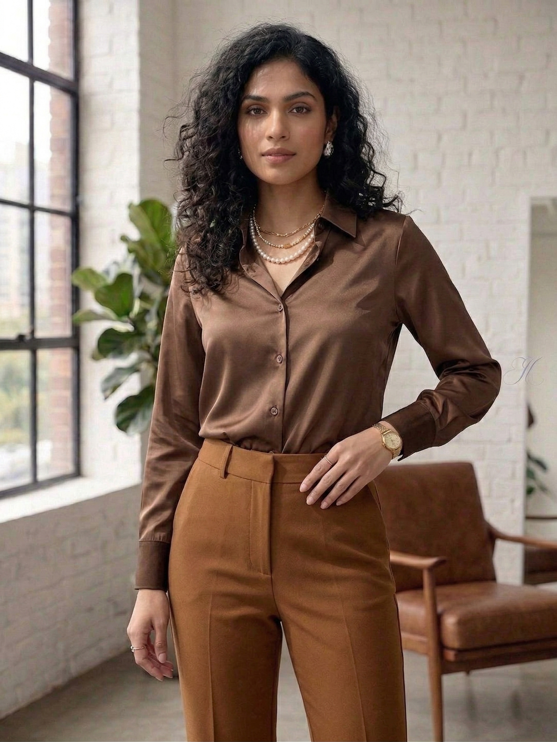 Brown Satin Long Sleeve Button Down Shirt