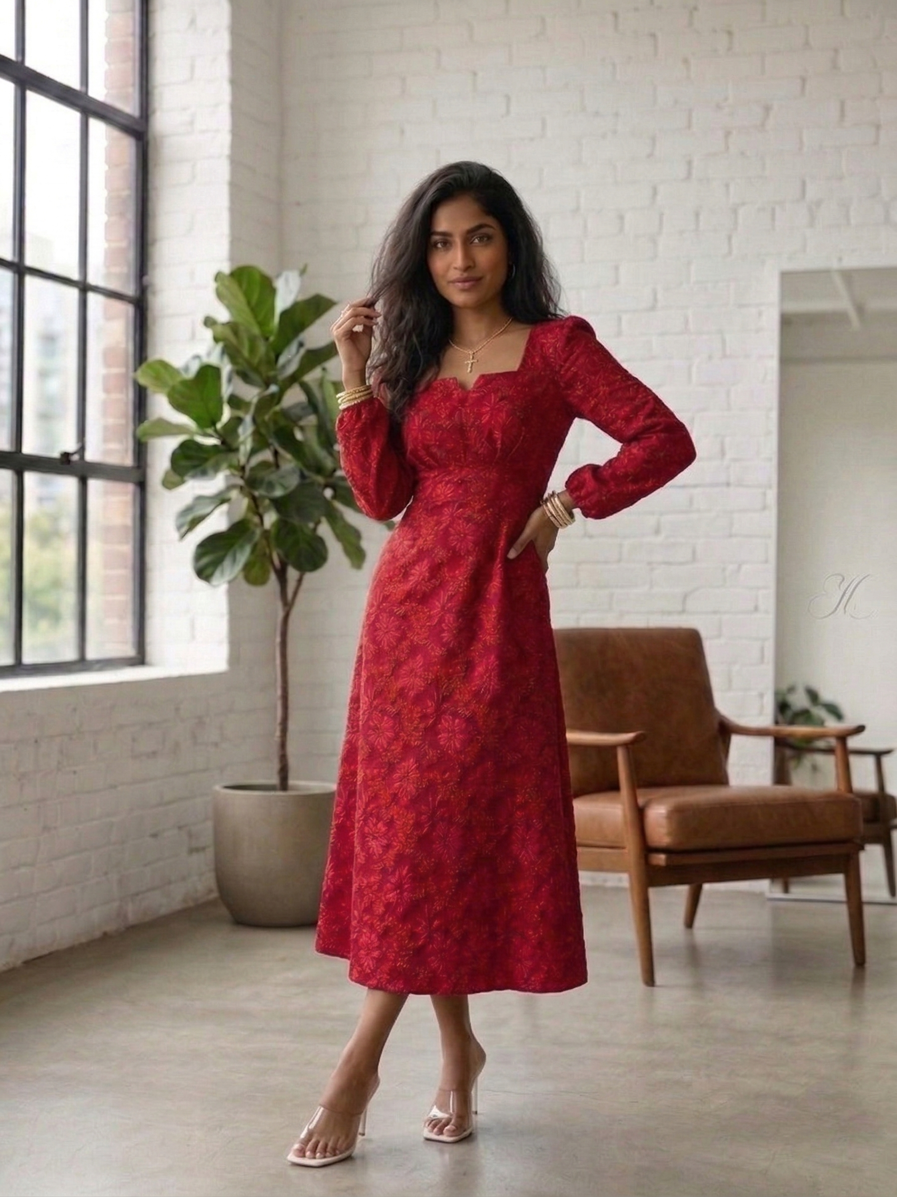 Red Jacquard Square Neck Midi Dress