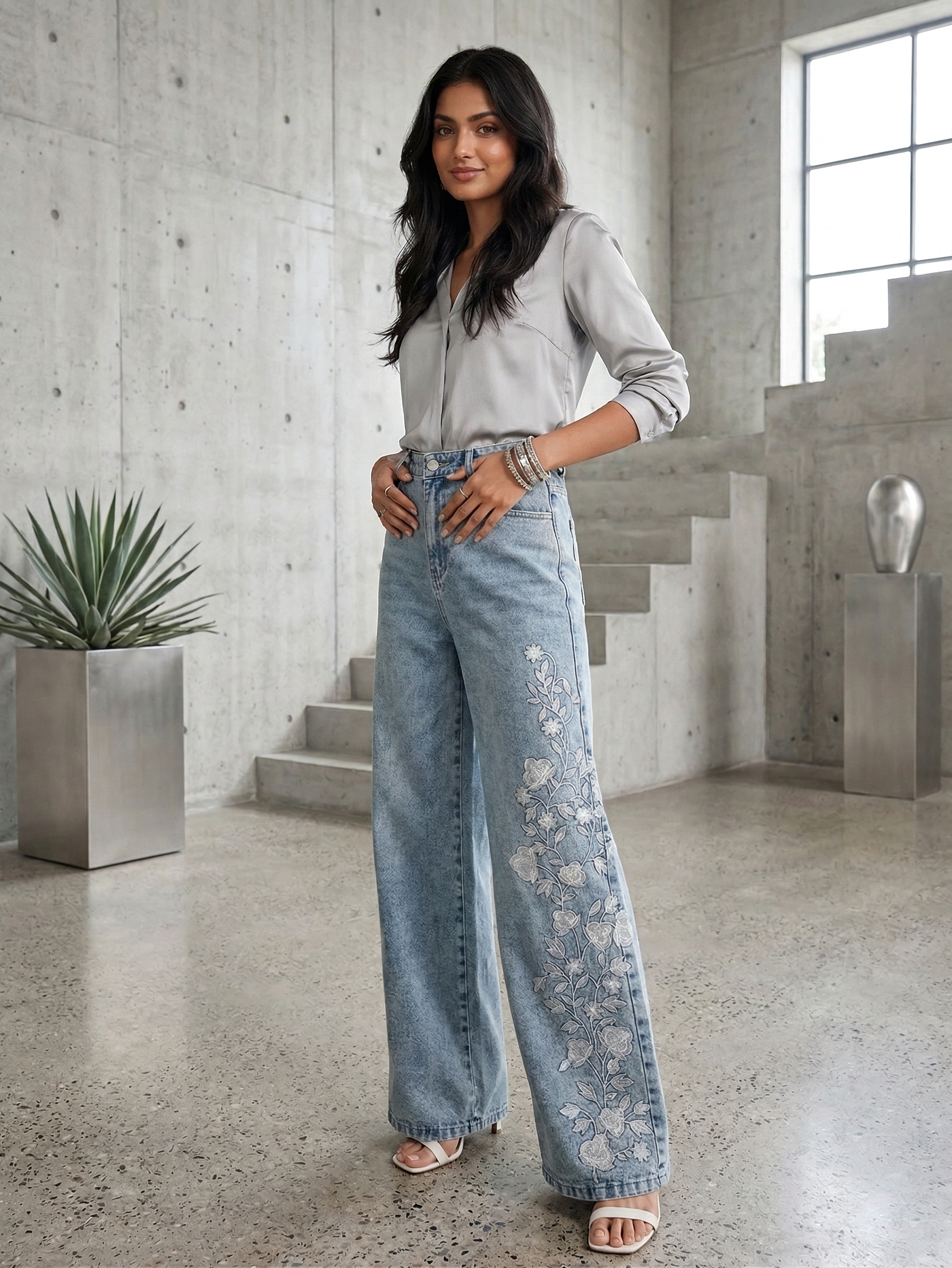 Light Wash Floral Embroidered Wide Leg Jeans